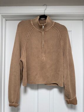 American Eagle Outfitters Ribbed Half-Zip Turtleneck Sweater - Camel/Tan